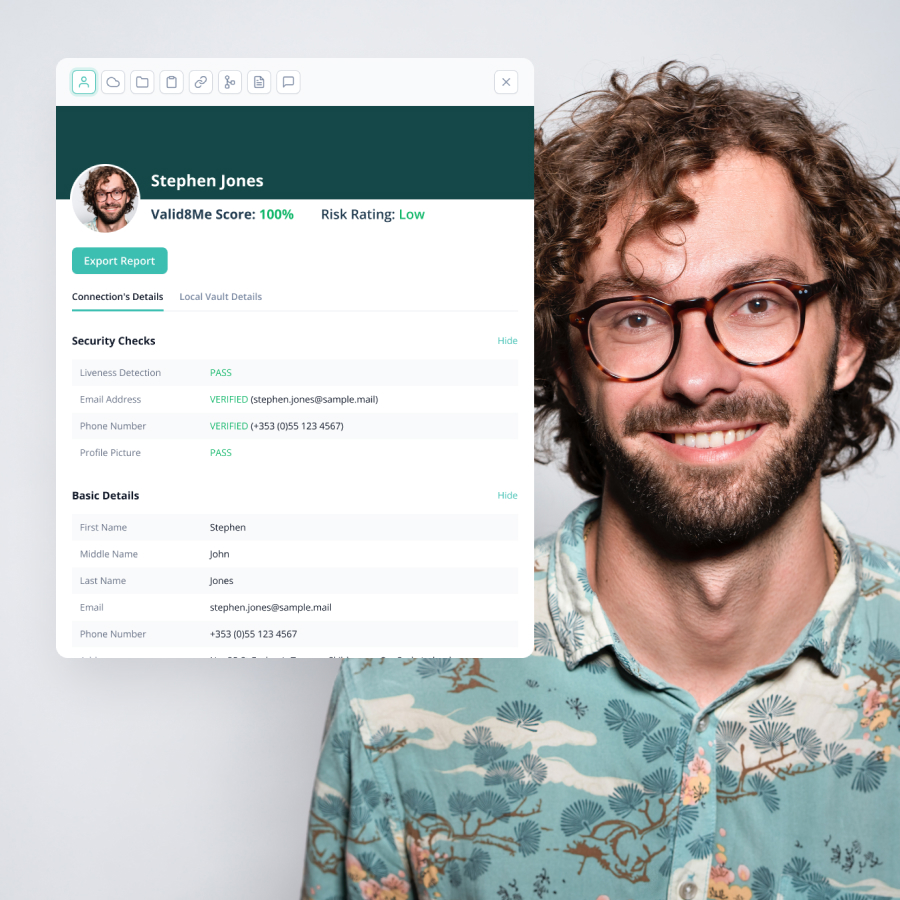 A smiling man with glasses beside a screenshot of the valid8Me platform. 